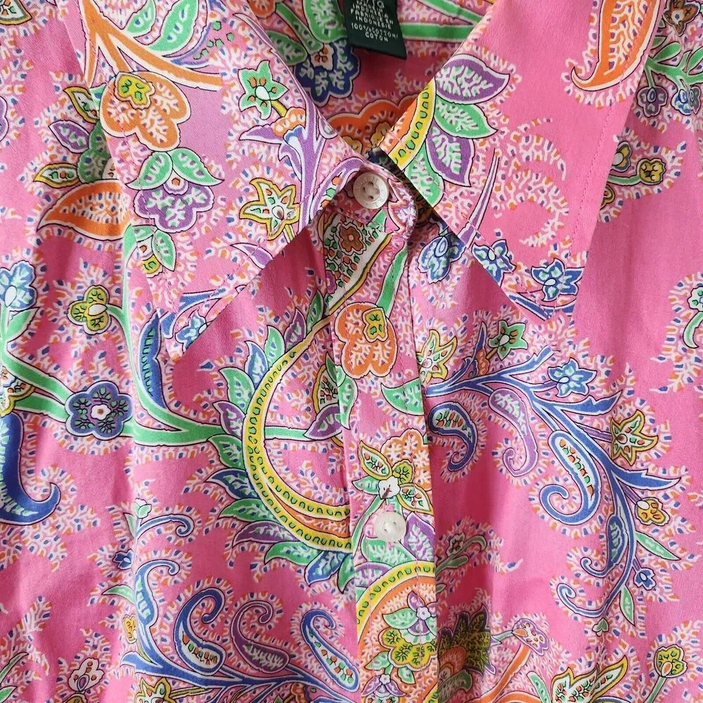Lauren Ralph Lauren Cotton Pink Paisley Button-Down Blouse Barbie Core XL - Picture 5 of 9